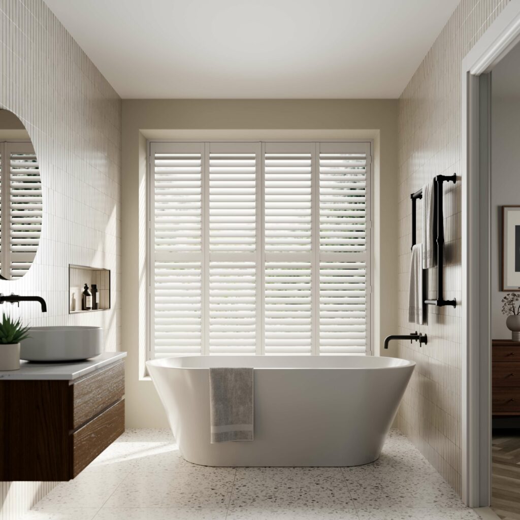 white bathroom window shutters