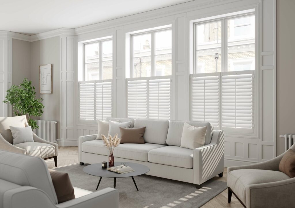 Cafe style window shutters in living room